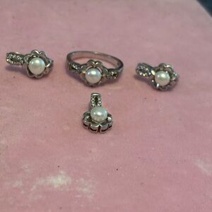 Wedding set 925 Sterling Silver Pearl Flower Jewelry Set - coat  White gold